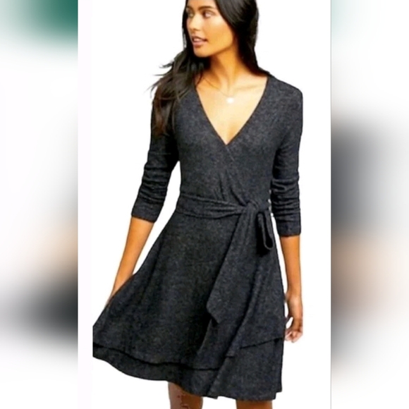 Anthropologie Dresses & Skirts - Anthropologie Saturday Sunday Gray Faux Wrap Knit Sweater Dress M Long Sleeve